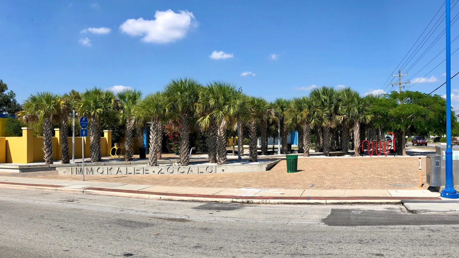 Zocalo Public Plaza and palms in Immokalee, photographed in 2018